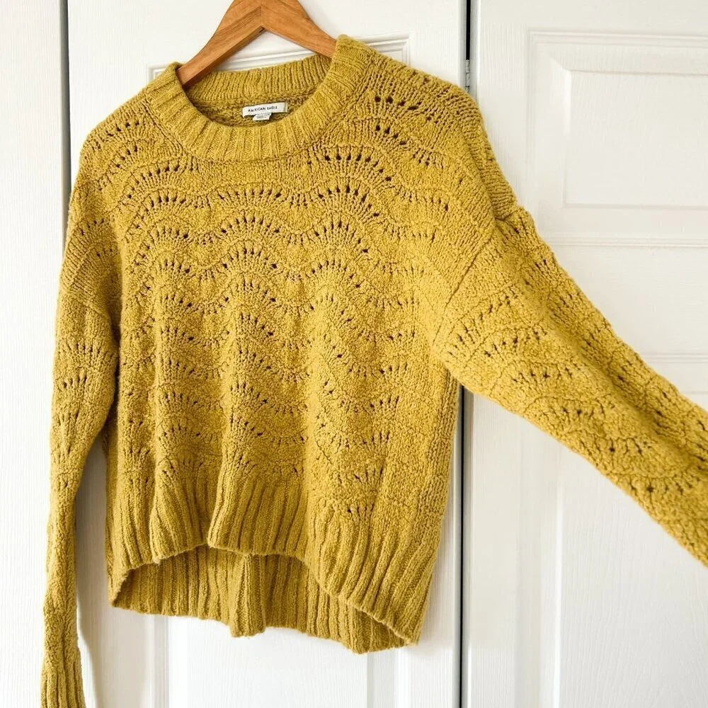 American Eagle Mustard Yellow Pointelle Knit Sweater Women’s Size XS